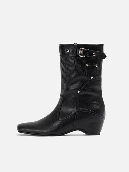 Buckle-Cuff Leather Western Ankle Boots