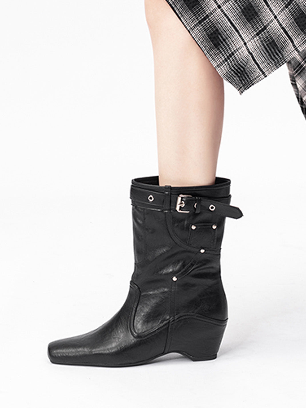 Buckle-Cuff Leather Western Ankle Boots