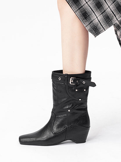 Buckle-Cuff Leather Western Ankle Boots
