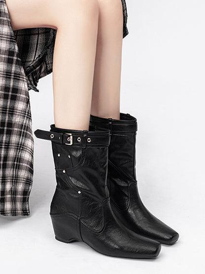Buckle-Cuff Leather Western Ankle Boots