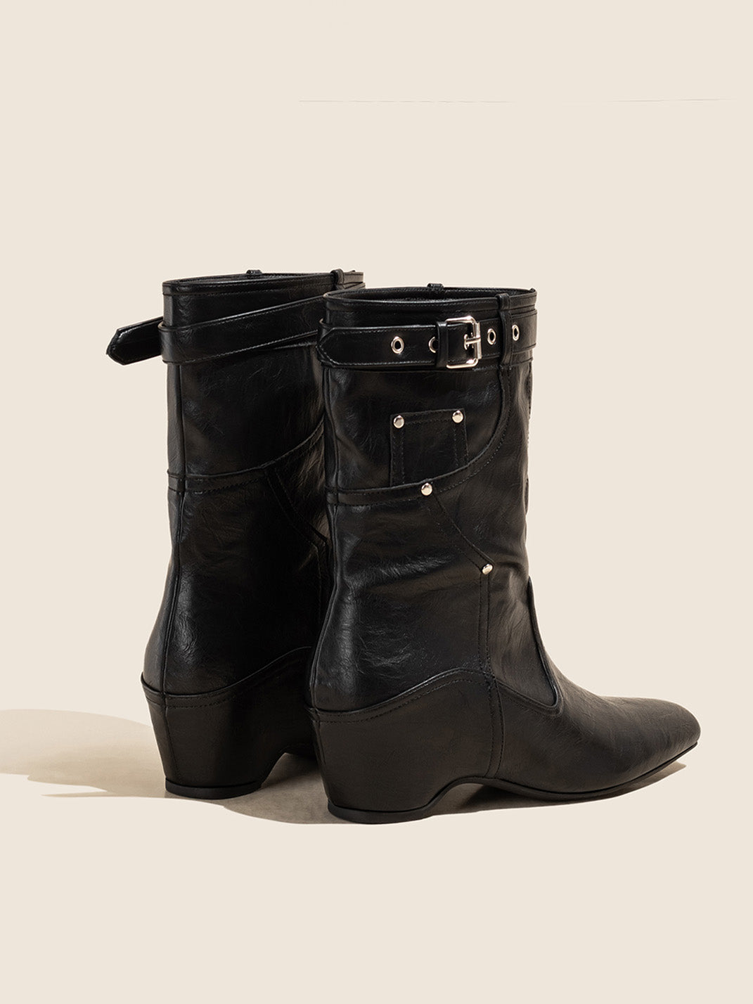 Buckle-Cuff Leather Western Ankle Boots