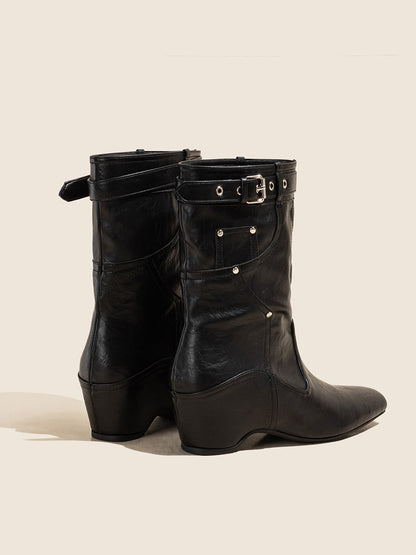 Buckle-Cuff Leather Western Ankle Boots