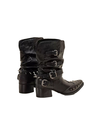 Western Buckle Pointed Ankle Boots