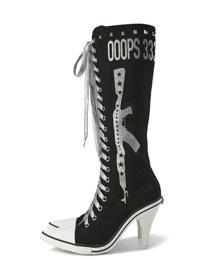 Graphic-Print Clear-Heel Studded Tall Boots
