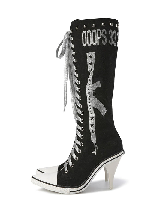 Graphic-Print Clear-Heel Studded Tall Boots