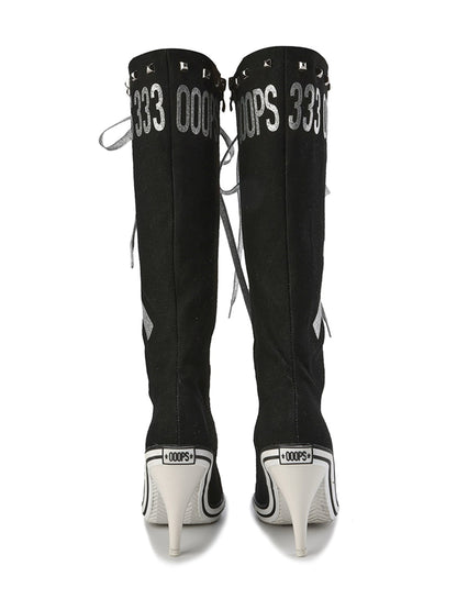 Graphic-Print Clear-Heel Studded Tall Boots