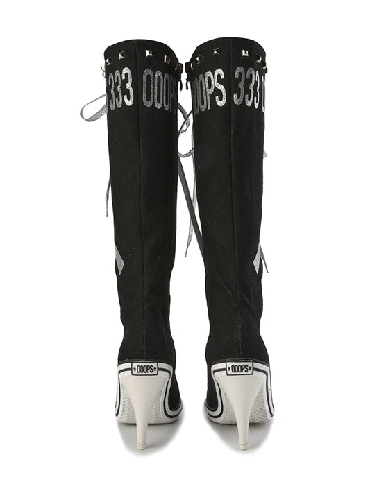 Graphic-Print Clear-Heel Studded Tall Boots