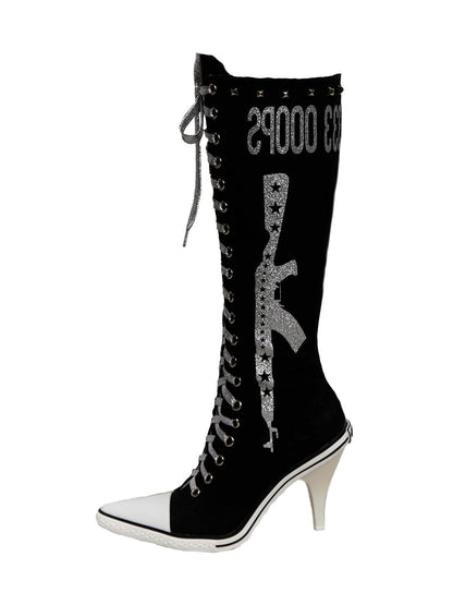 Graphic-Print Clear-Heel Studded Tall Boots