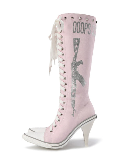Graphic-Print Clear-Heel Studded Tall Boots