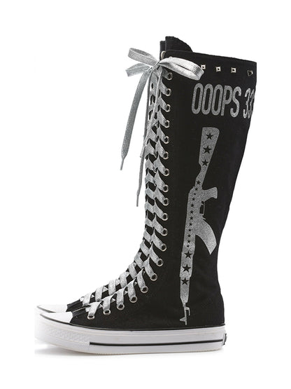 Studded Graphic Canvas Knee-High Boots