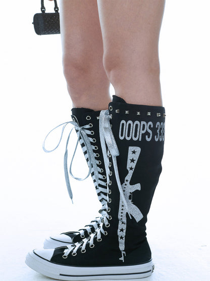 Studded Graphic Canvas Knee-High Boots