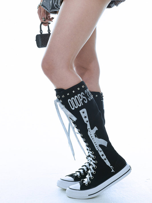 Studded Graphic Canvas Knee-High Boots