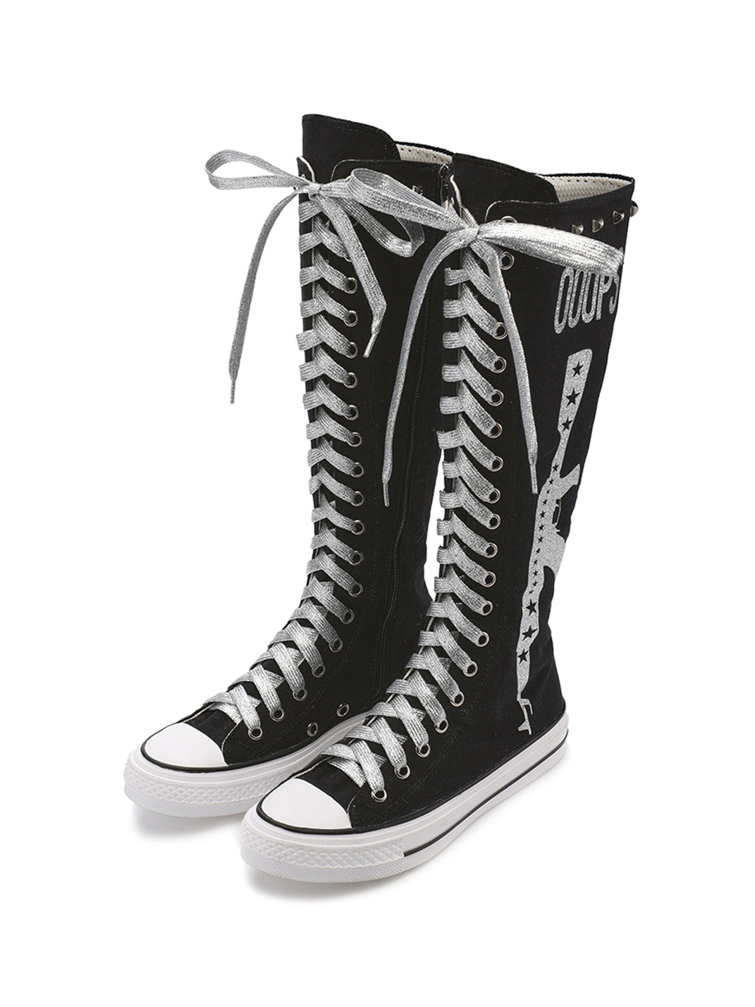 Studded Graphic Canvas Knee-High Boots