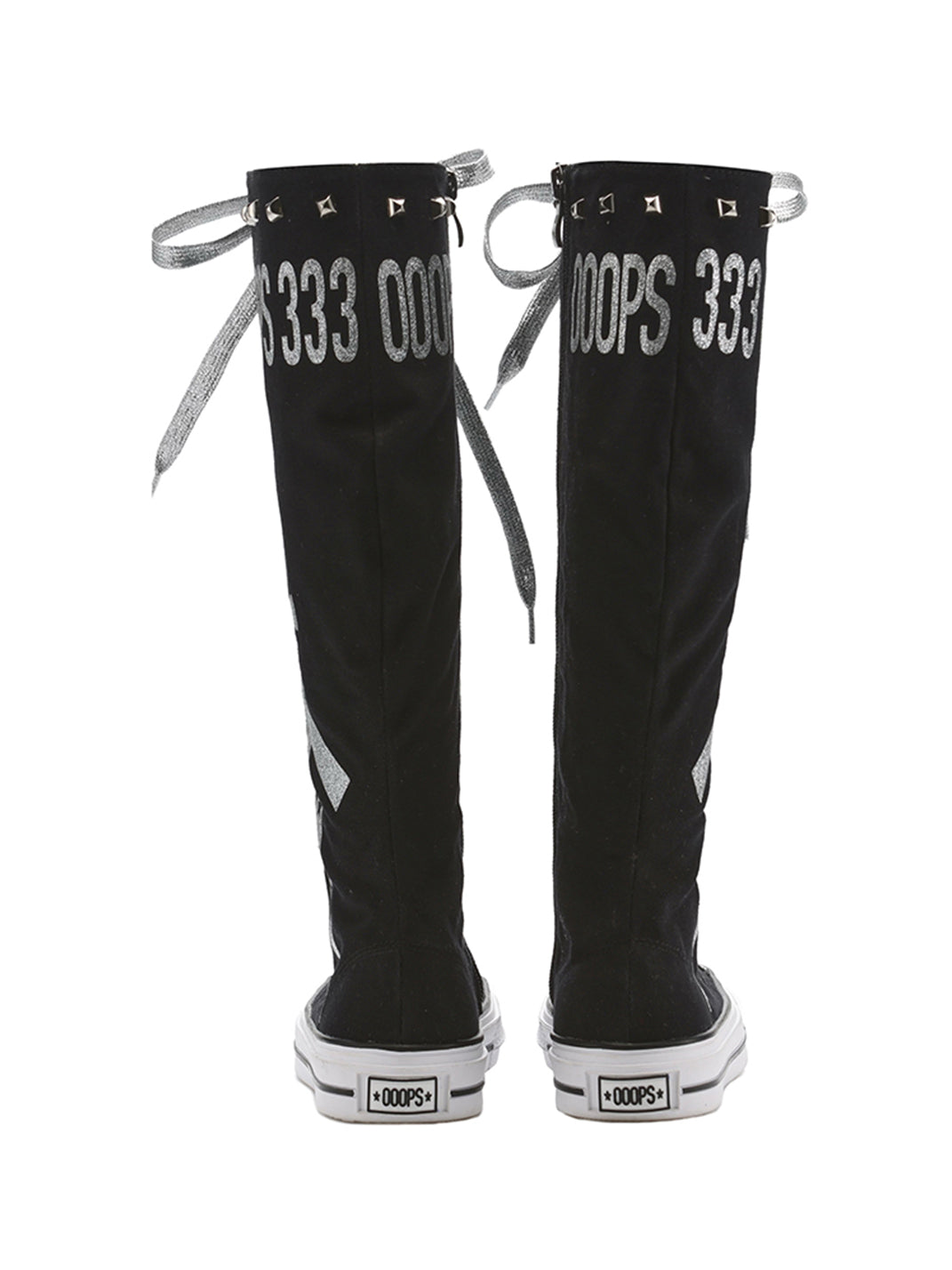 Studded Graphic Canvas Knee-High Boots