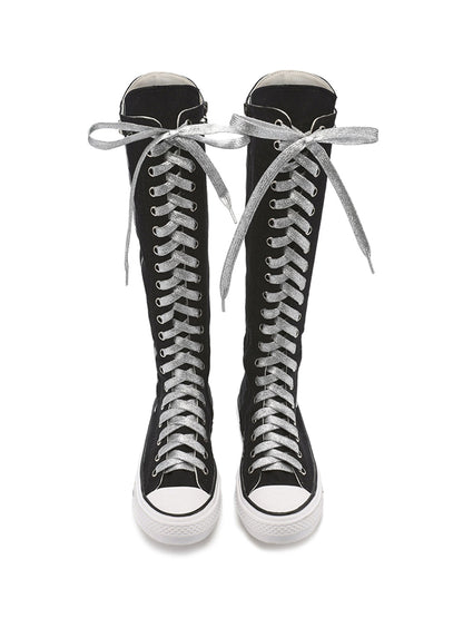 Studded Graphic Canvas Knee-High Boots