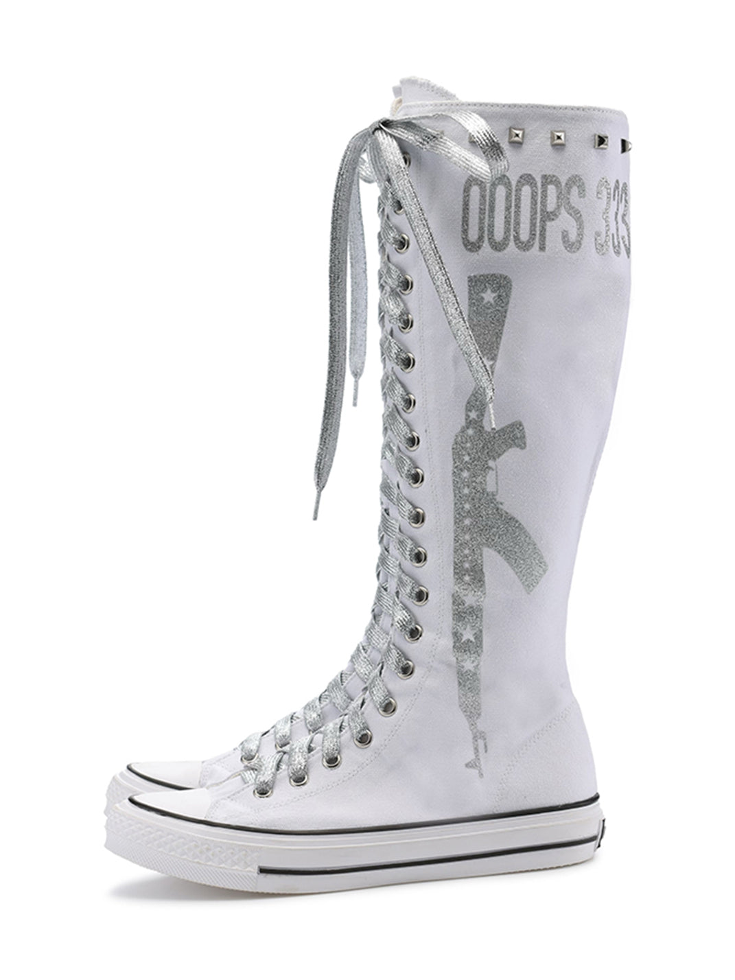 Studded Graphic Canvas Knee-High Boots