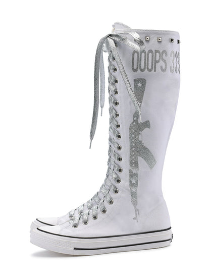 Studded Graphic Canvas Knee-High Boots