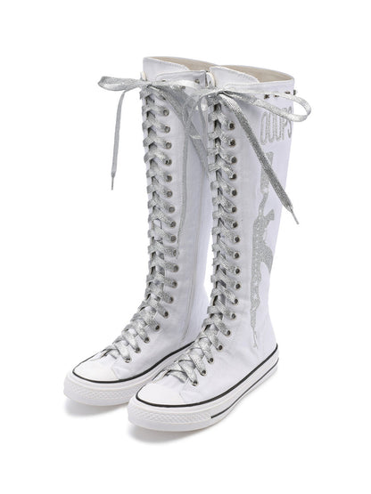 Studded Graphic Canvas Knee-High Boots