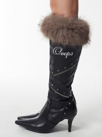 Plush-Cuff Pointed-Toe Knee-High Boots