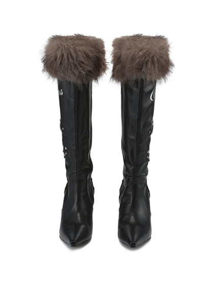 Plush-Cuff Pointed-Toe Knee-High Boots