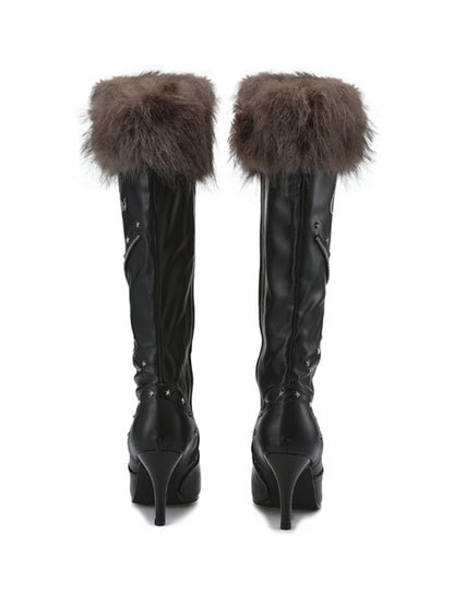 Plush-Cuff Pointed-Toe Knee-High Boots