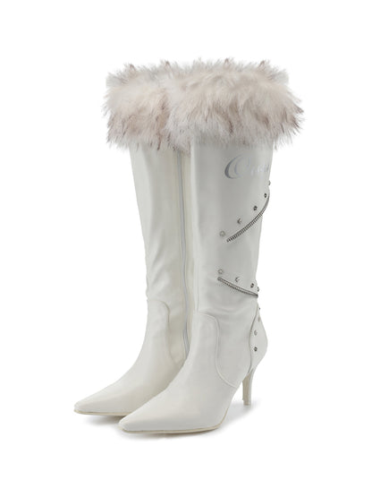 Plush-Cuff Pointed-Toe Knee-High Boots
