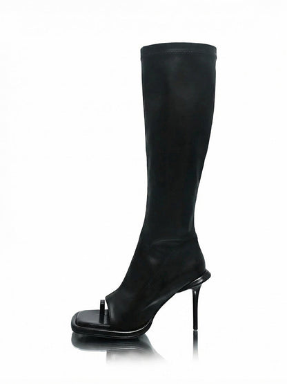 Peep-Toe Stretch Stiletto Knee-High Boots