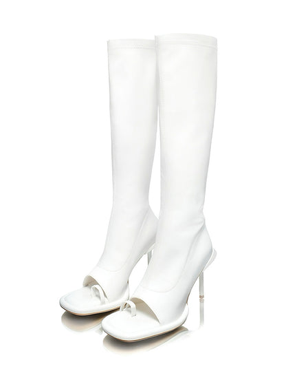 Peep-Toe Stretch Stiletto Knee-High Boots