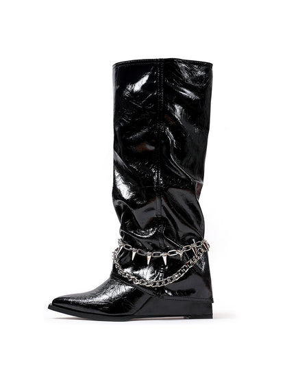 Spiked-Chain Patent Mid-Calf Boots