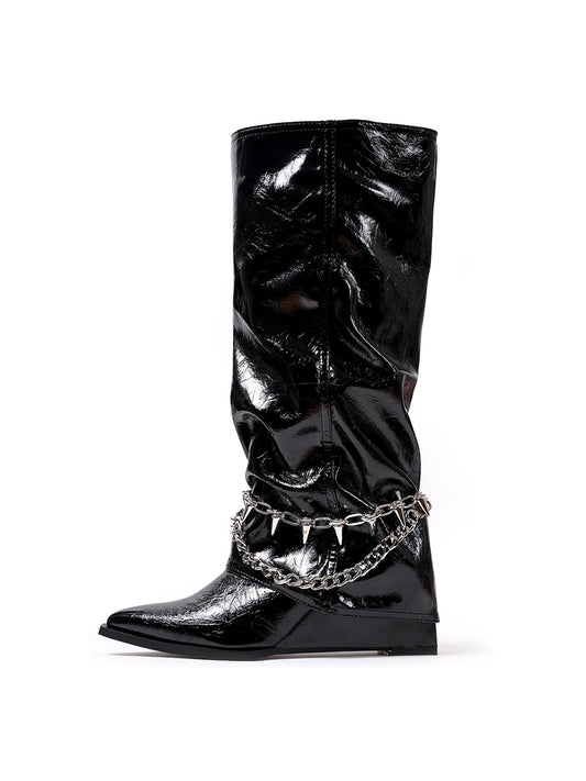 Spiked-Chain Patent Mid-Calf Boots