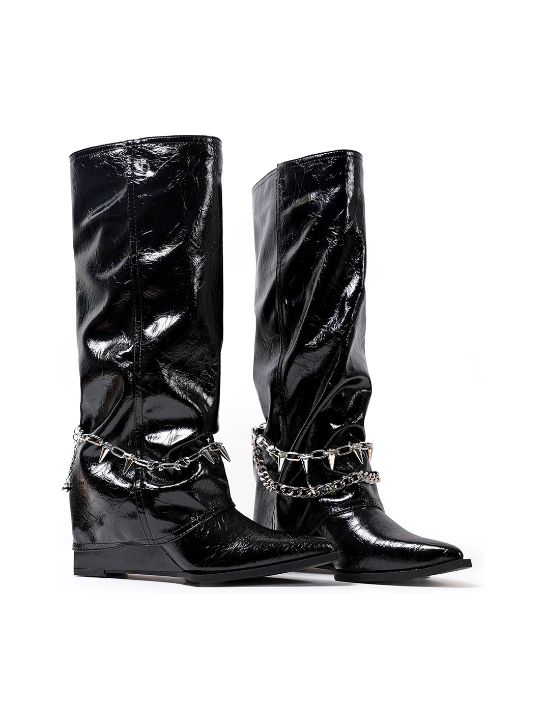 Spiked-Chain Patent Mid-Calf Boots