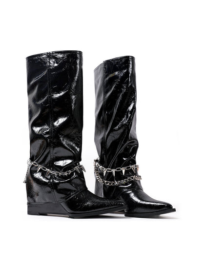 Spiked-Chain Patent Mid-Calf Boots