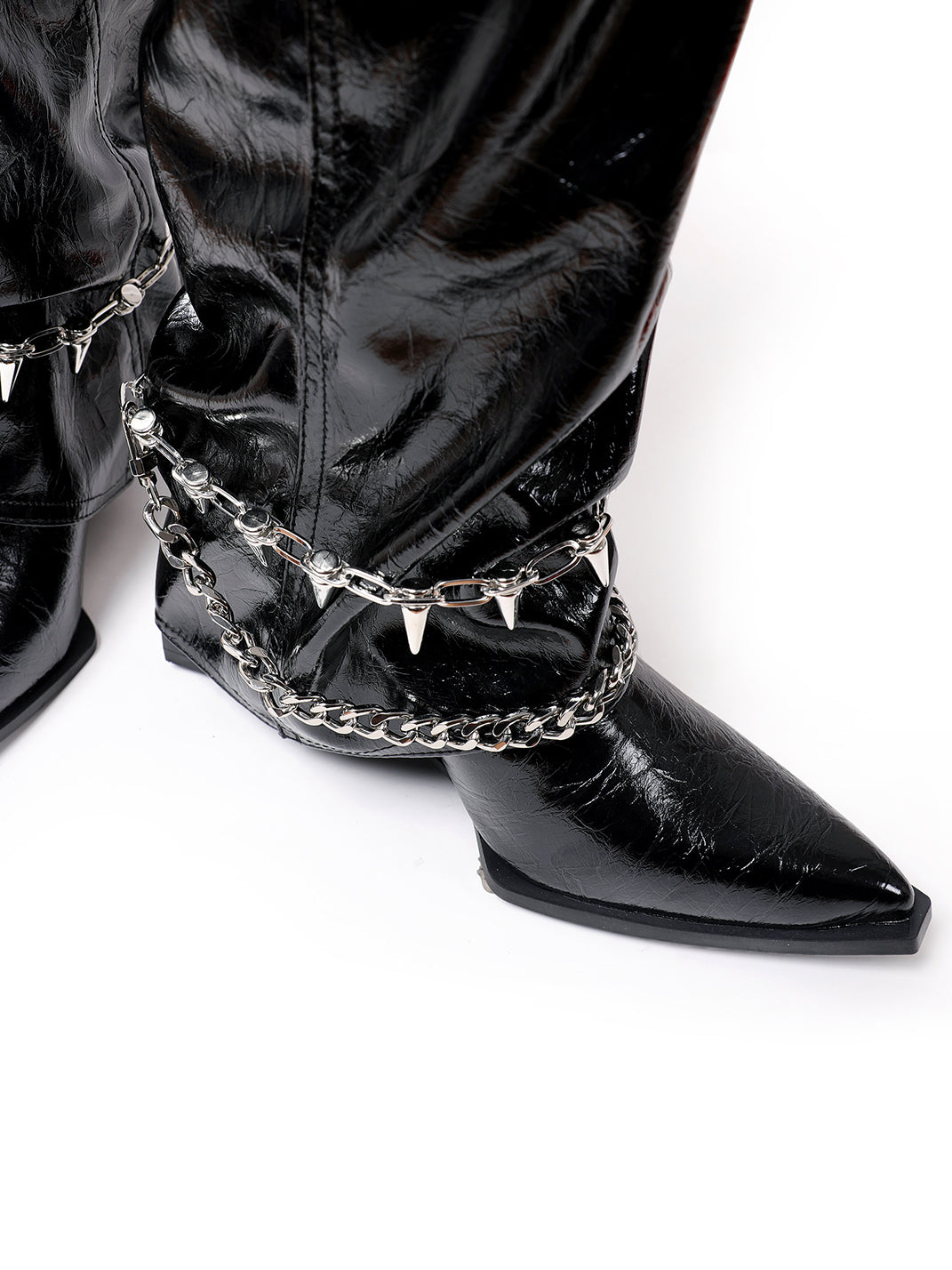 Spiked-Chain Patent Mid-Calf Boots