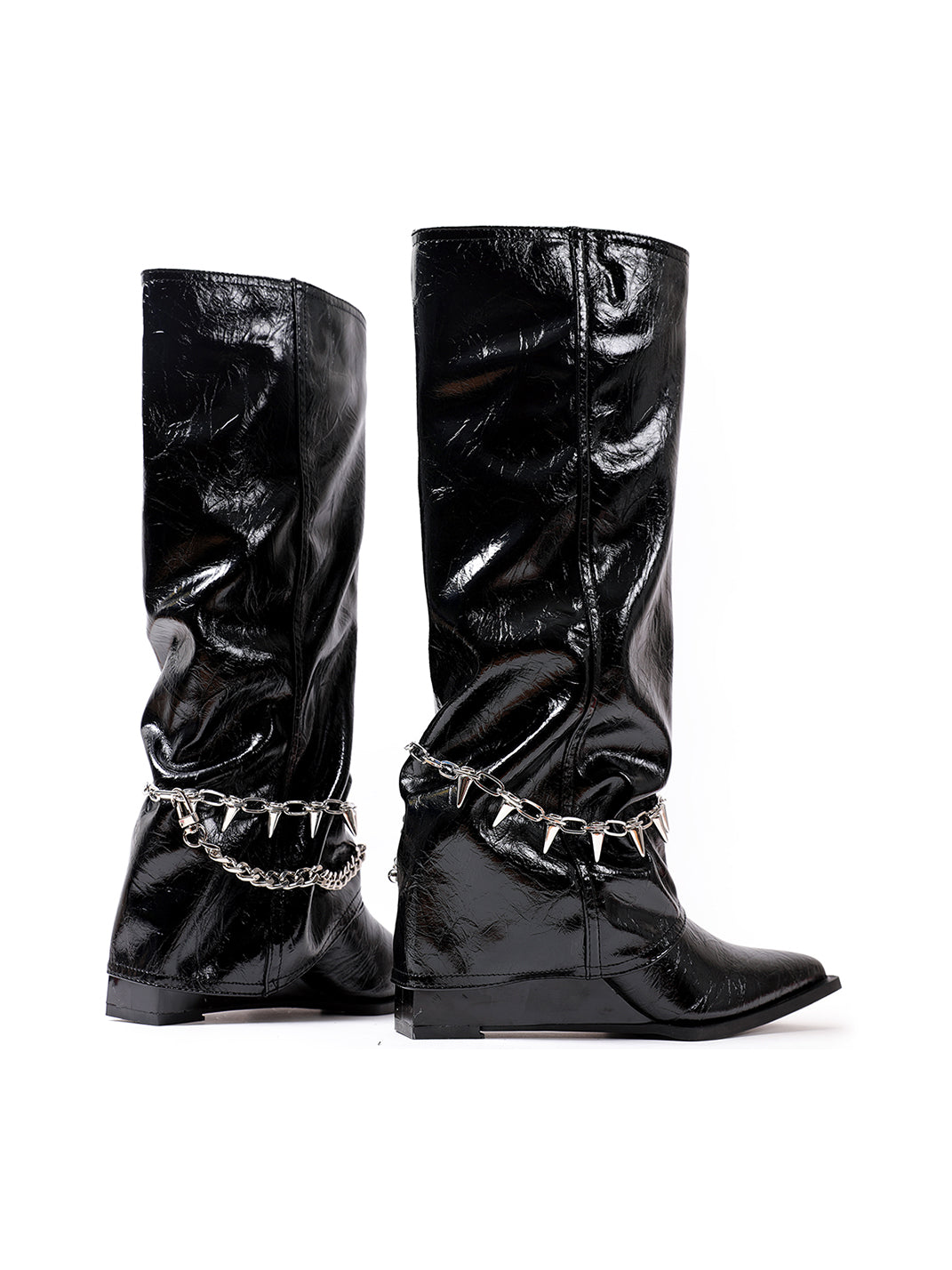 Spiked-Chain Patent Mid-Calf Boots