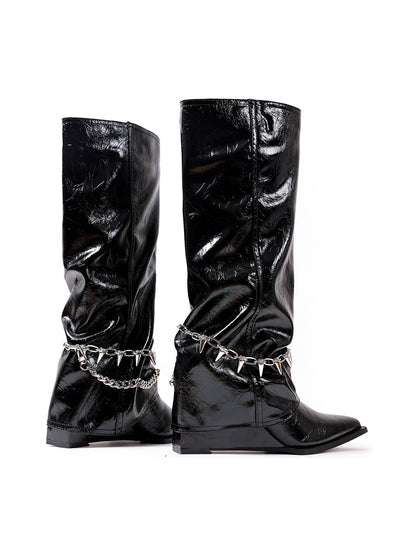 Spiked-Chain Patent Mid-Calf Boots