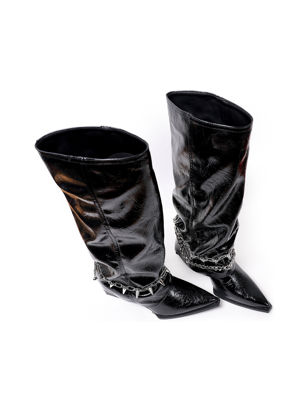 Spiked-Chain Patent Mid-Calf Boots