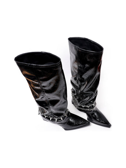 Spiked-Chain Patent Mid-Calf Boots