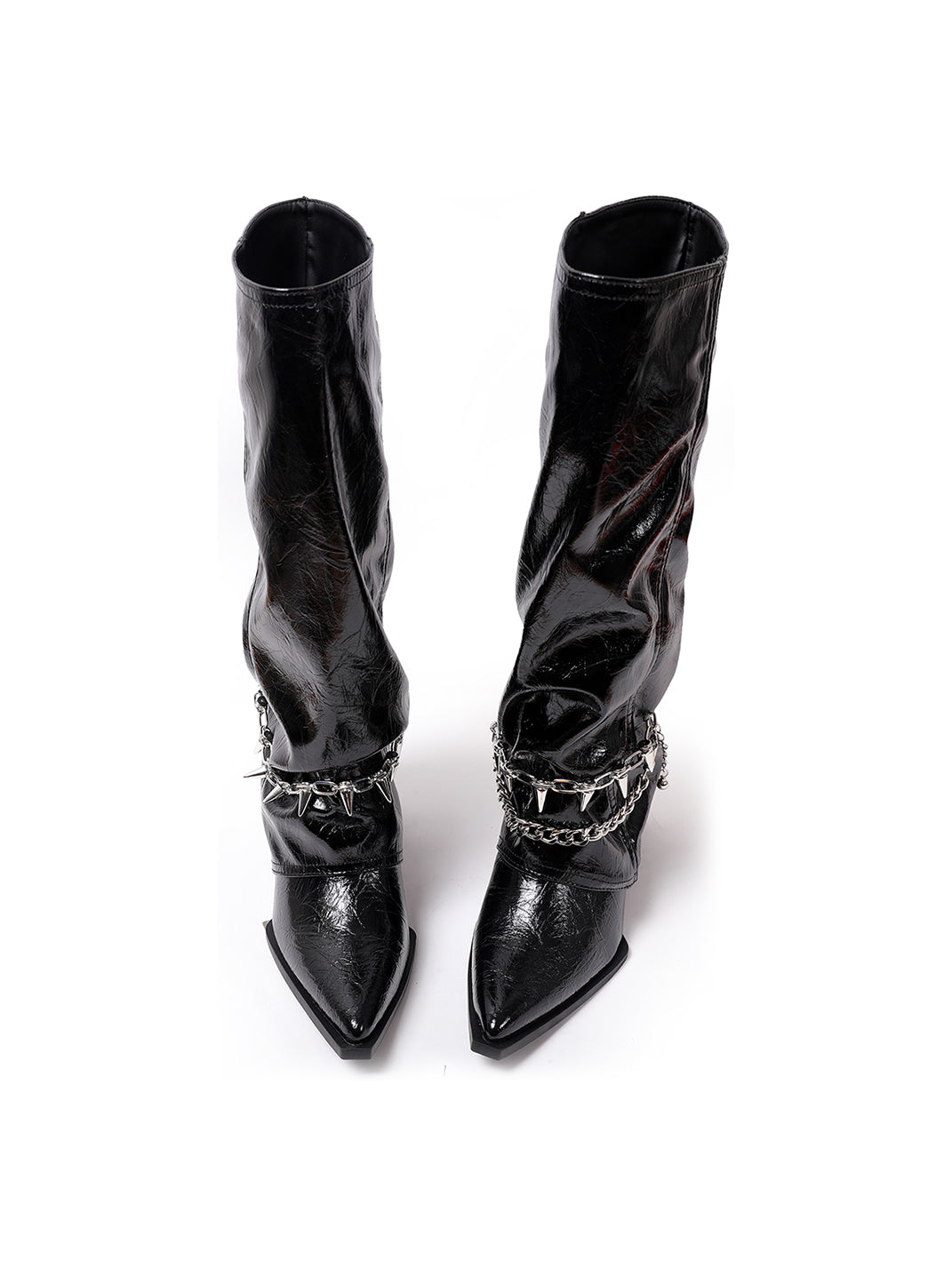Spiked-Chain Patent Mid-Calf Boots