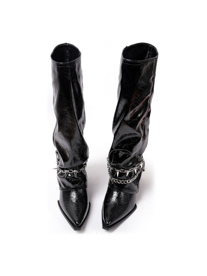 Spiked-Chain Patent Mid-Calf Boots