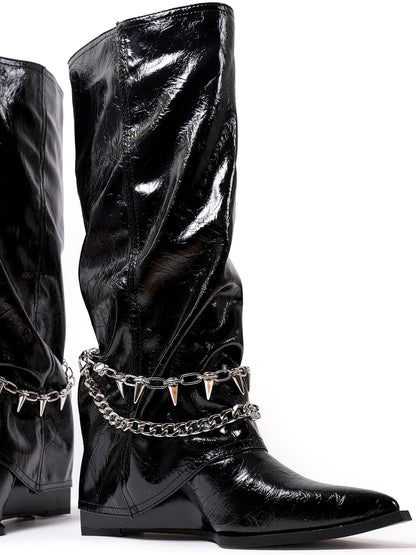 Spiked-Chain Patent Mid-Calf Boots