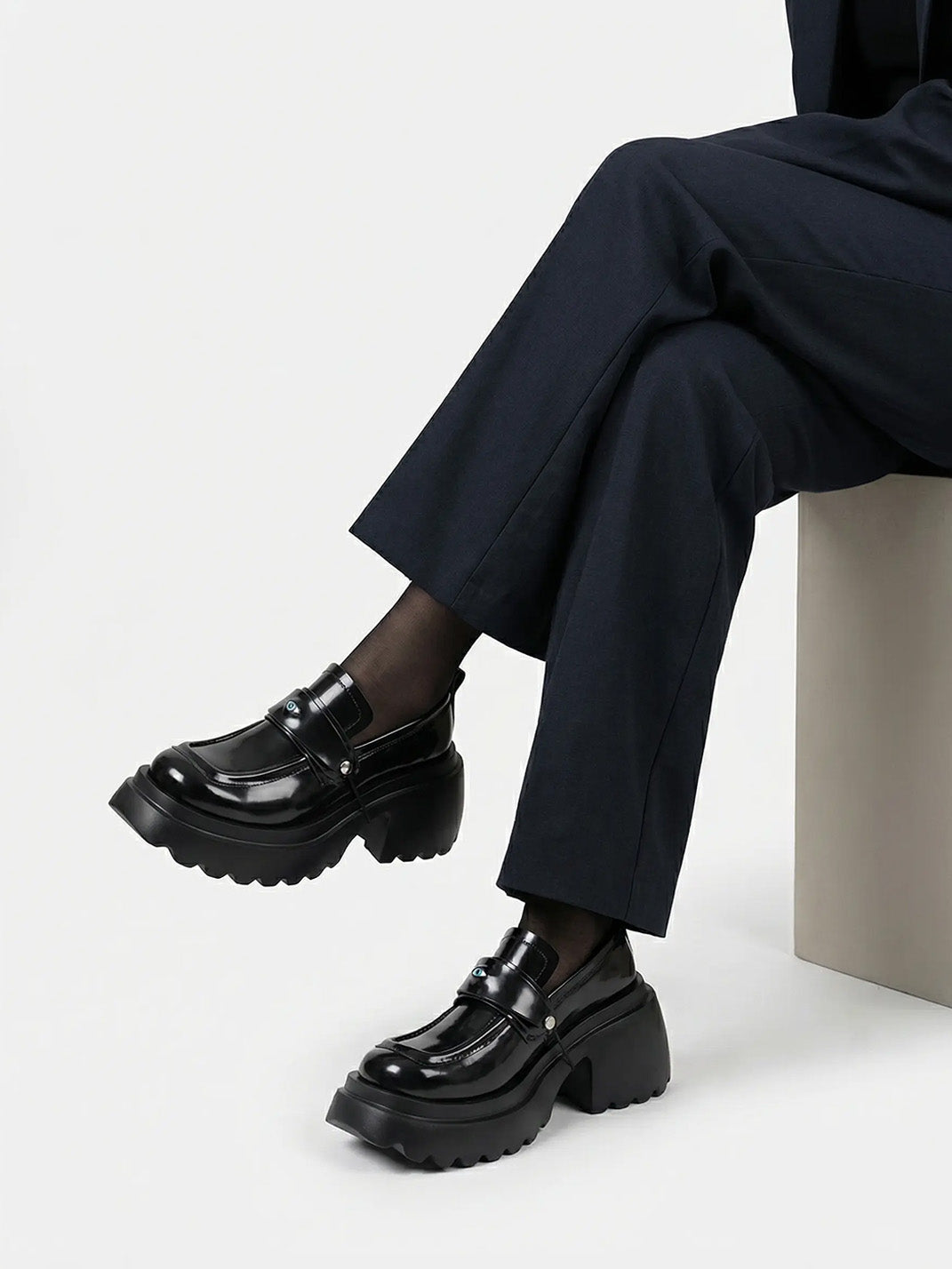 Black Ocular-Accent Lug-Sole Loafers