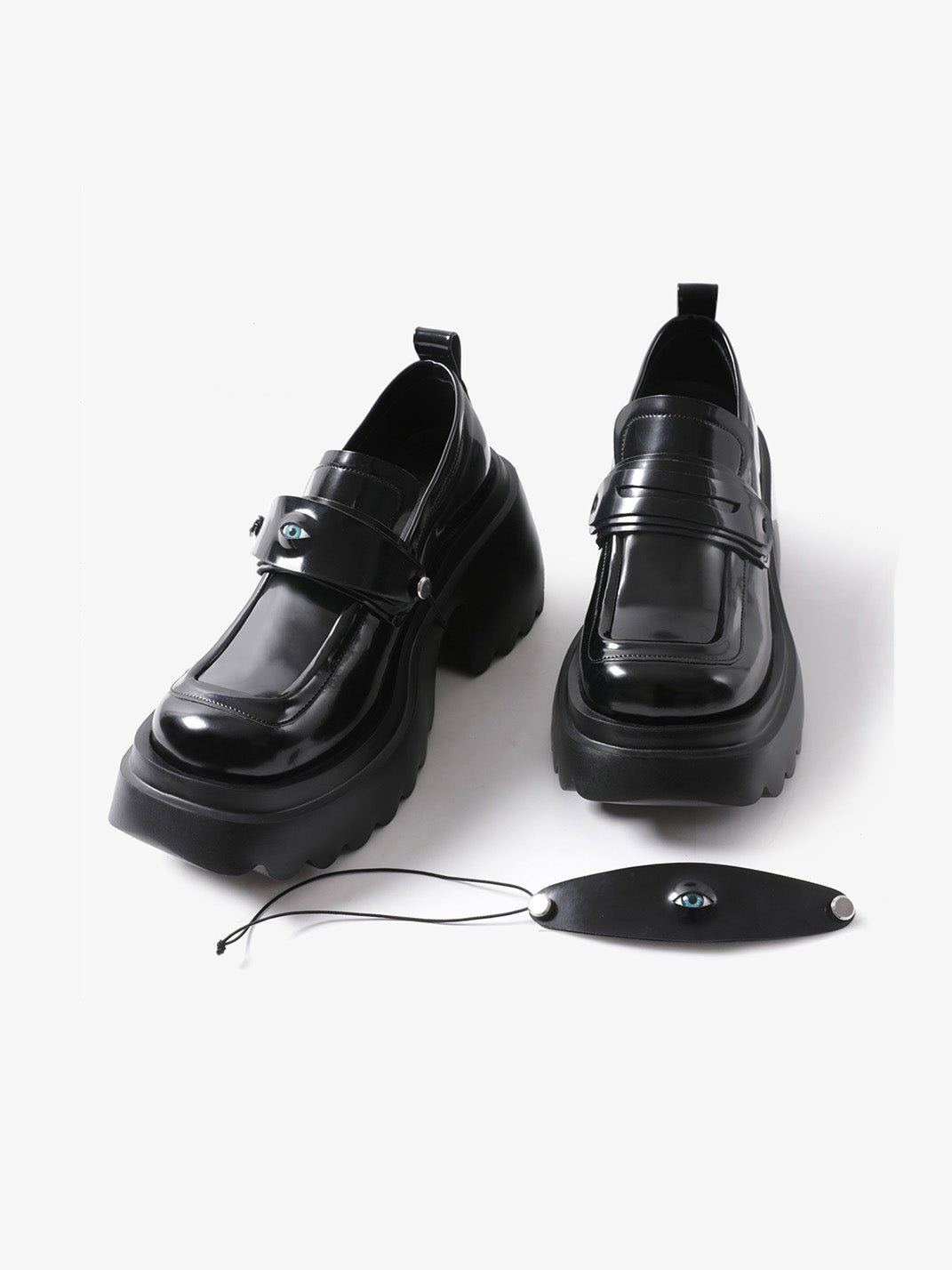 Black Ocular-Accent Lug-Sole Loafers