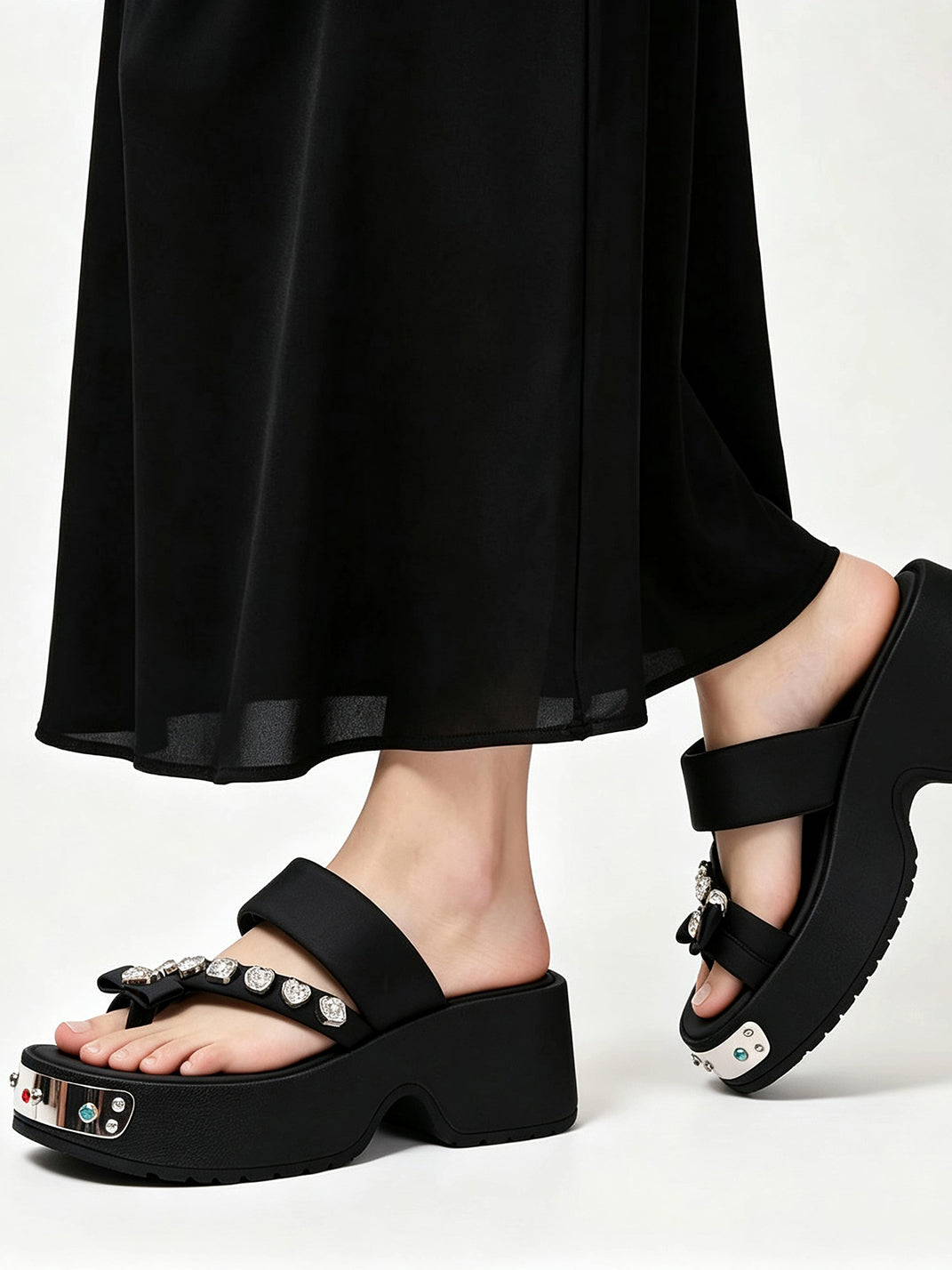 Black Crystal-Trim Toe-Post Platform Slides