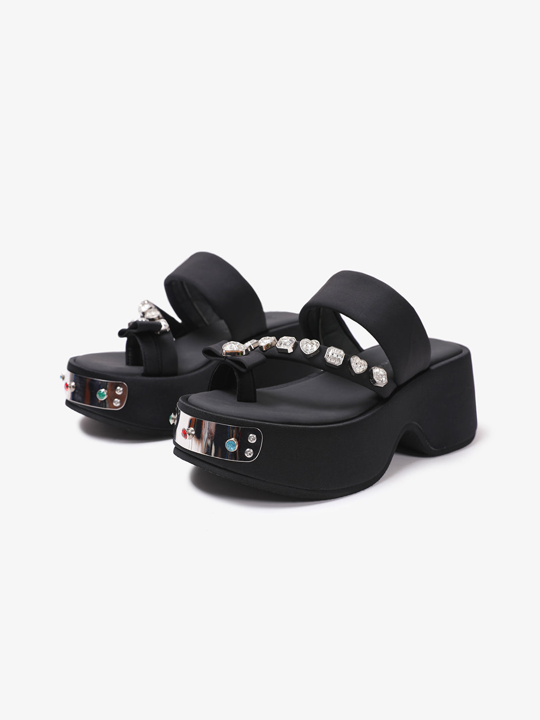 Black Crystal-Trim Toe-Post Platform Slides