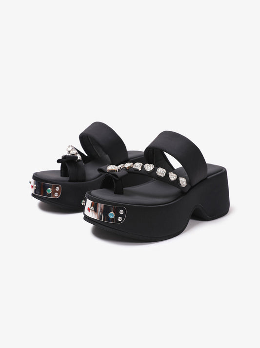Black Crystal-Trim Toe-Post Platform Slides