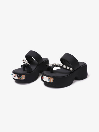 Black Crystal-Trim Toe-Post Platform Slides