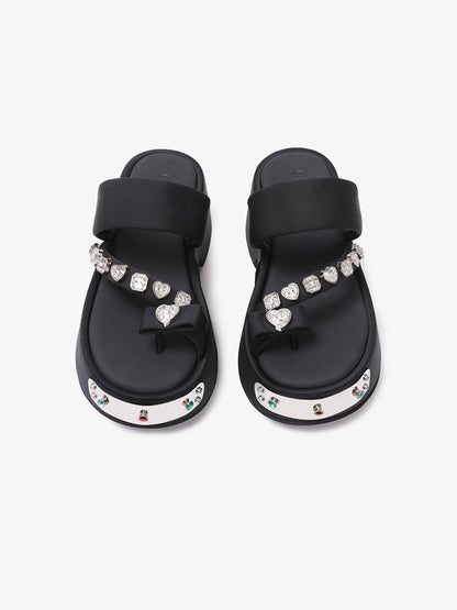 Black Crystal-Trim Toe-Post Platform Slides