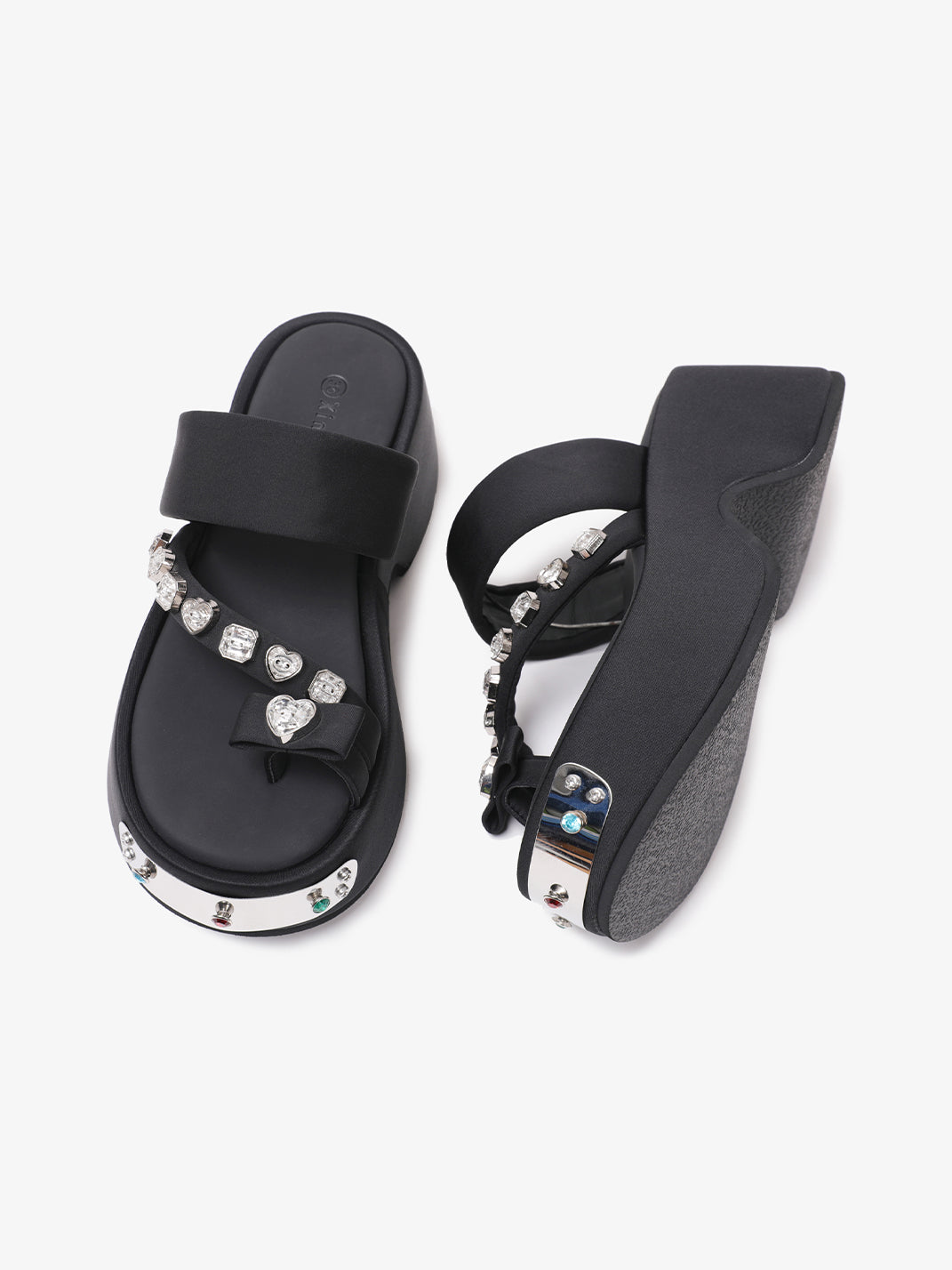 Black Crystal-Trim Toe-Post Platform Slides