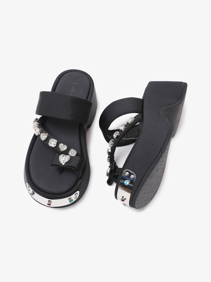 Black Crystal-Trim Toe-Post Platform Slides