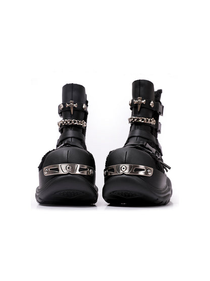 Multi-Buckle Cutout Platform Moto Boots